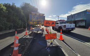 Roadworks on Onehunga Mall Road, July 2024.