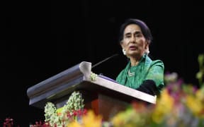Myanmar State Counsellor Aung San Suu Kyi speaks to the Myanmar Community in Singapore during a meet session on December 1, 2016.