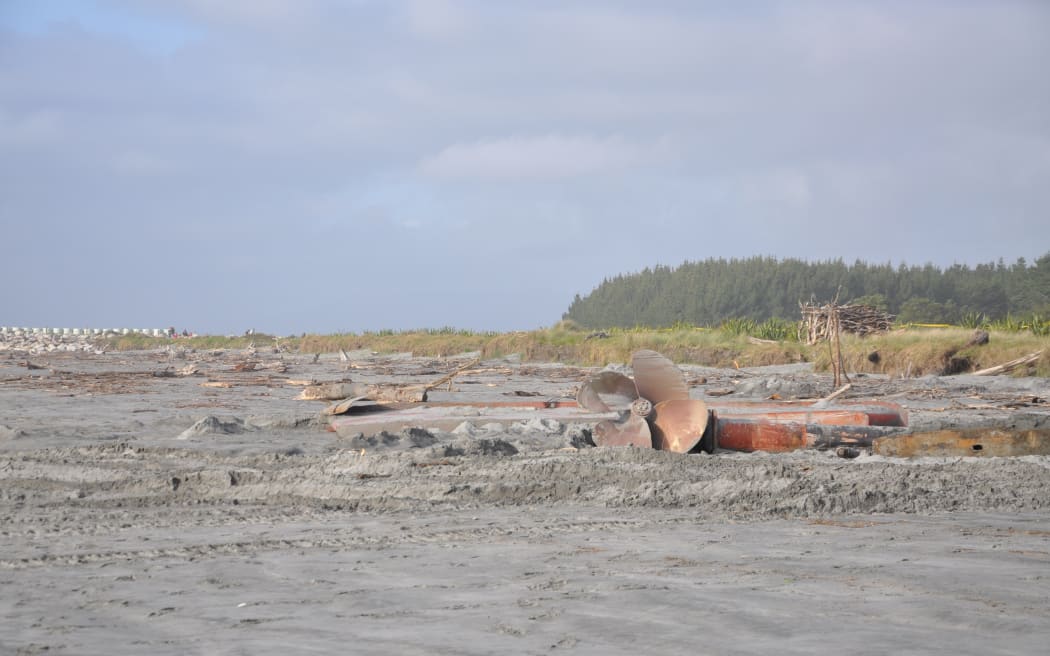 One of the propellers, broken off the Manahau, sitting on Carters Beach.