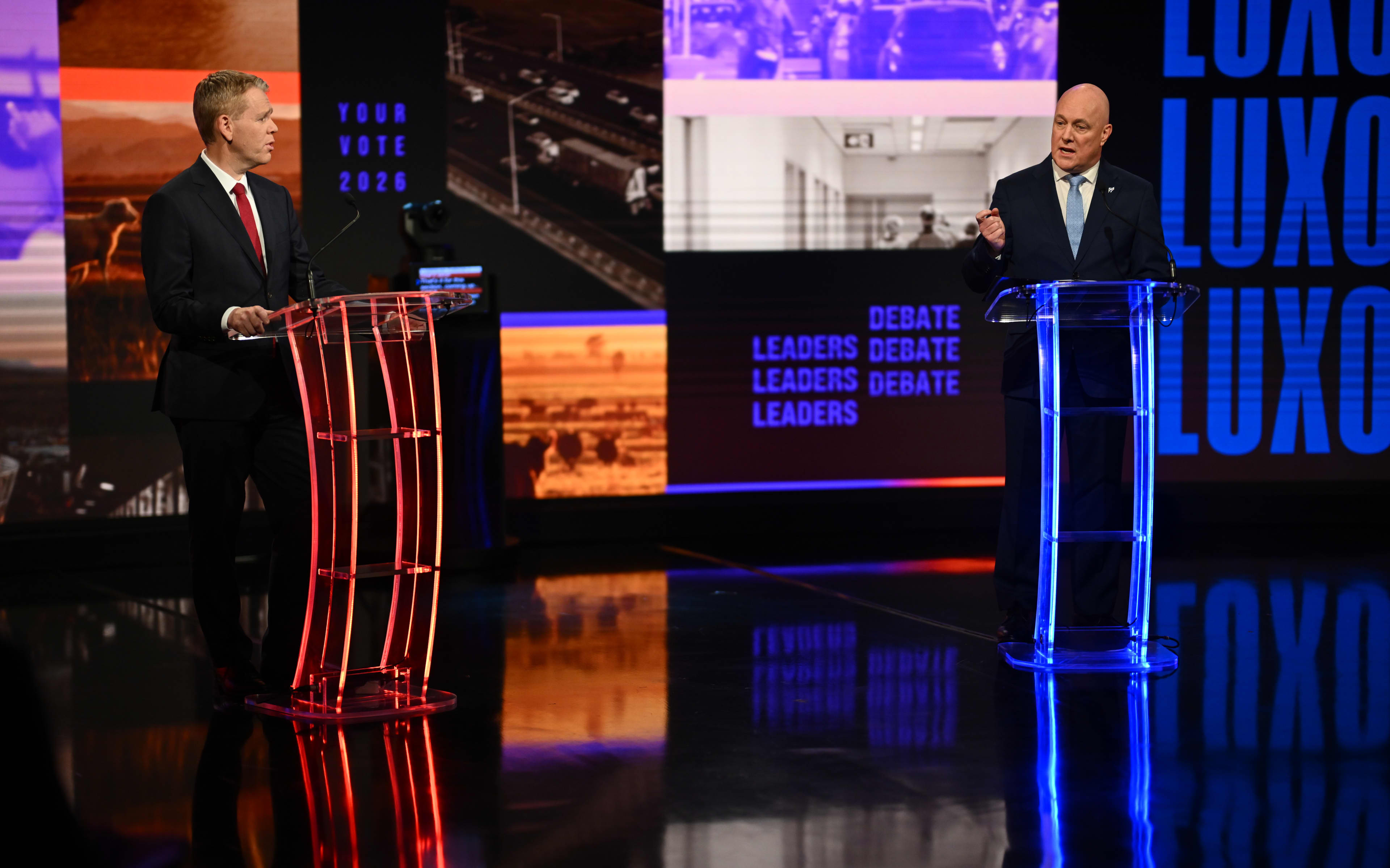 Christopher Luxon and Chris Hipkins at the TVNZ debate, hosted by Jake Tame, Oct 6 2026