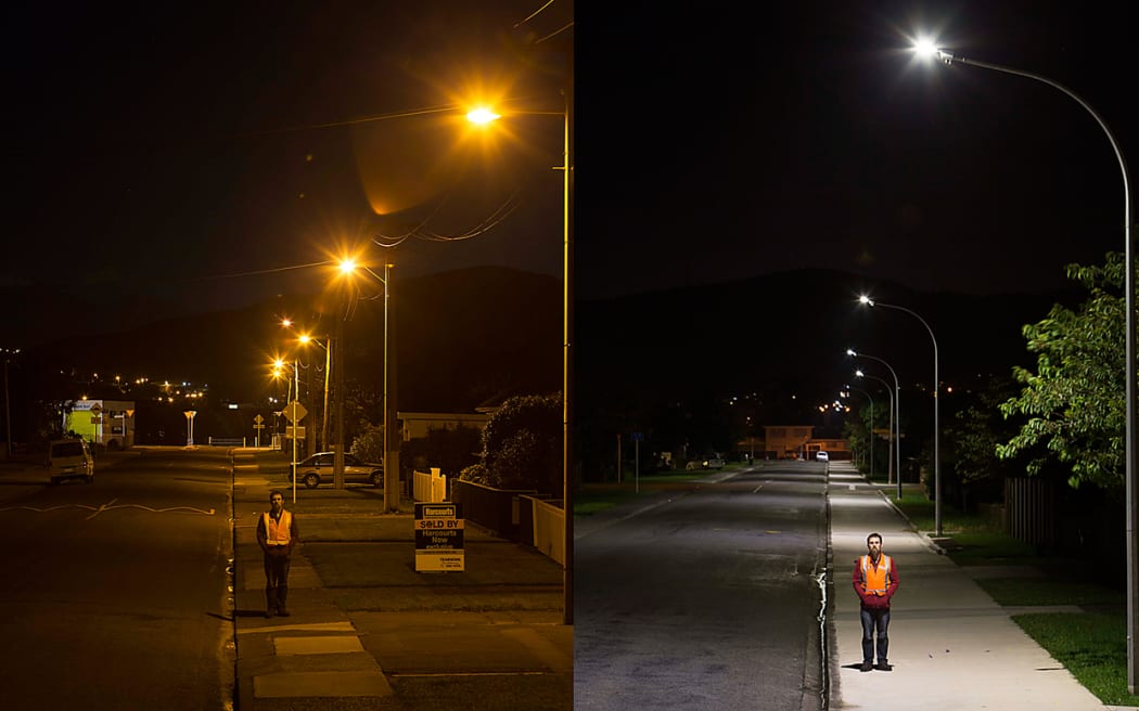 Smart Street lights in Tawa's Findlay Terrace before, left, and after LED lights were installed.