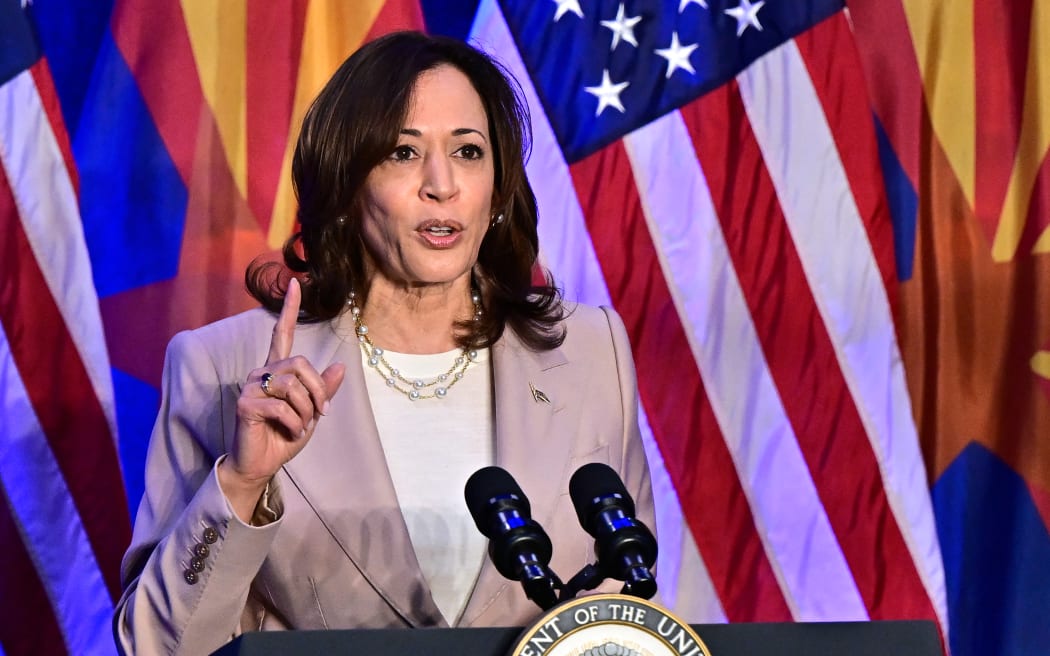 US Vice President Kamala Harris speaks on reproductive freedom at El Rio Neighborhood Center in Tucson, Arizona, on April 12, 2024. The top court in Arizona on April 9, 2024, ruled a 160-year-old near total ban on abortion is enforceable, thrusting the issue to the top of the agenda in a key US presidential election swing state. (Photo by Frederic J. Brown / AFP)
