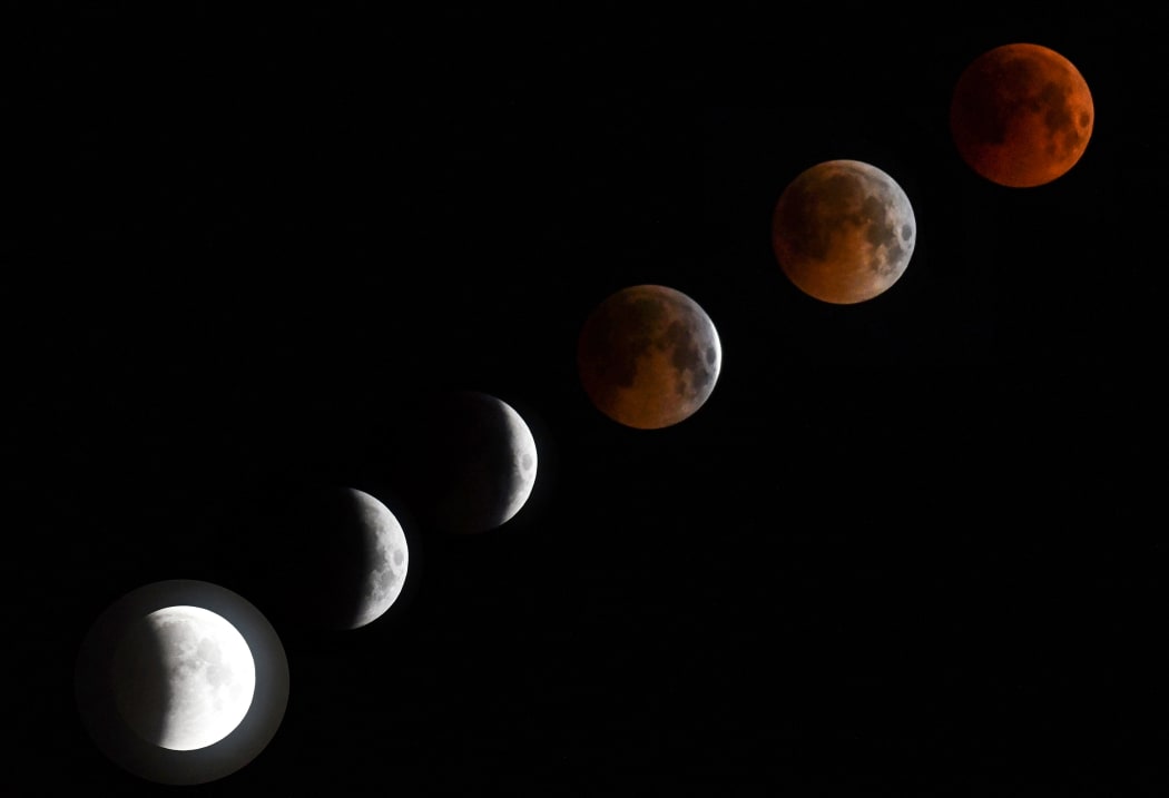A combo of six pictures shows a 'blood moon' total lunar eclipse in Bishkek.