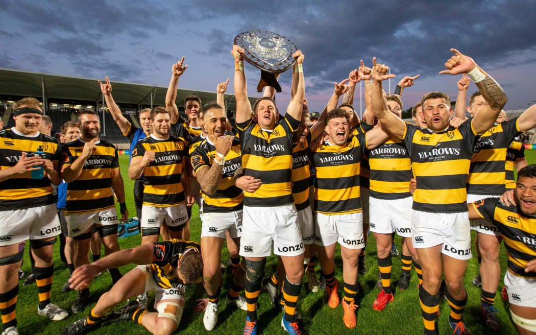 Taranaki celebrate winning the Ranfurly Shiel  at Orangtheory Stadium, Christchurch, New Zealand. Saturday 19 September 2020.