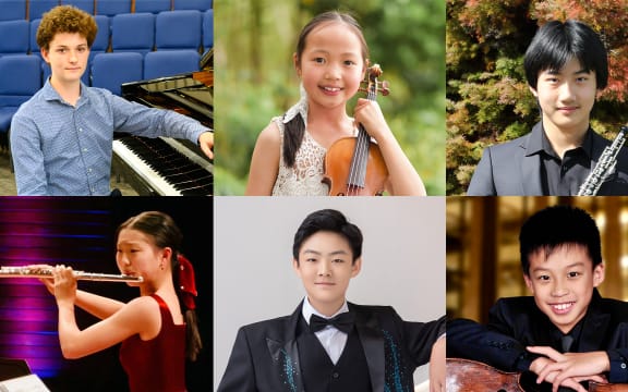 NZSO Emerging Artists 2025: Ozan Biner-McGrath (piano), An Pham (violin), David Zhu (oboe), Ella Zhang (flute), Leo Liu (piano), Oliver Mar (cello)