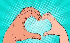 Pop Art Health Care, Charity, Children Donation Concept. Adult and Child Hands make Heart Shape. Vector illustration