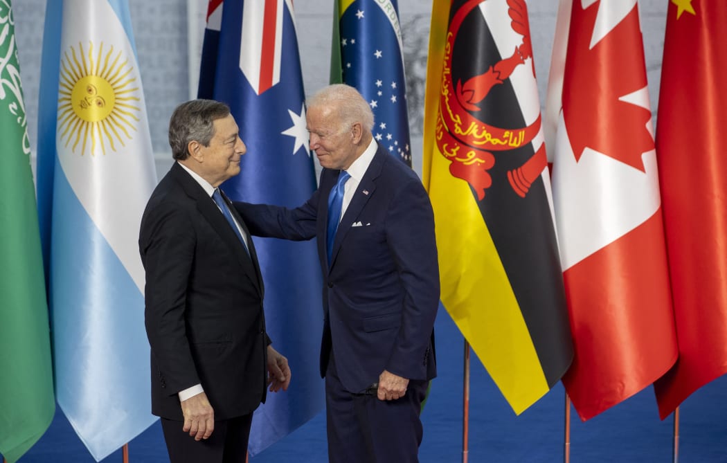ROME, ITALY - OCTOBER 30: US President Joe Biden (R) is welcomed by Italian Prime Minister Mario Draghi (L) within the G20 Leaders' Summit  in Rome, Italy on October 30, 2021.