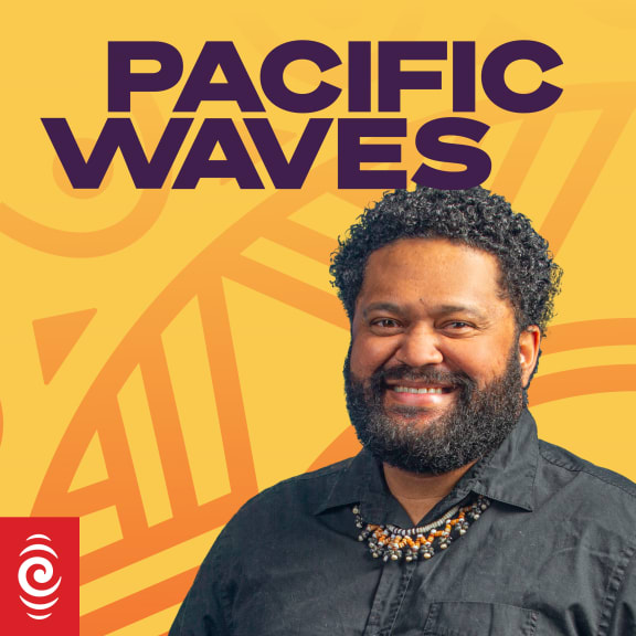 An illustrated motif representing people from the Pacific gathered around a sun sits behind a photographic portrait of Koroi Hawkins.