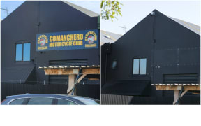 The Comancheros motorcycle gang headquarters in Christchurch, before and after its signage was removed.