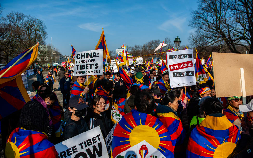 Tibetans and Tibet supporters commemorate the 66th anniversary of the 1959 Tibetan National Uprising against China's occupation in The Hague, Netherlands, on March 10, 2025. (Photo by Romy Arroyo Fernandez/NurPhoto) (Photo by Romy Arroyo Fernandez / NurPhoto / NurPhoto via AFP)