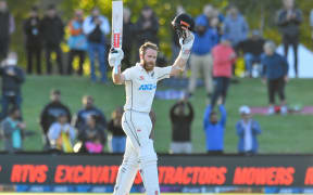 Kane Williamson of the Black Caps celebrates 100 runs during Day 5 of the first cricket test match, New Zealand Black Caps Vs Sri lanka, at Hagley Oval, Christchurch, New Zealand. 13th March 2023. © Copyright photo: John Davidson / www.photosport.nz