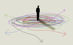 Decision making, conceptual illustration. Man in silhouette standing in the centre of a tangle of lines with four arrows emerging in different directions depicting decision making, choice and hesitation. (Photo by Fanatic Studio/Gary Waters/SCIEN / FST / Science Photo Library via AFP)
