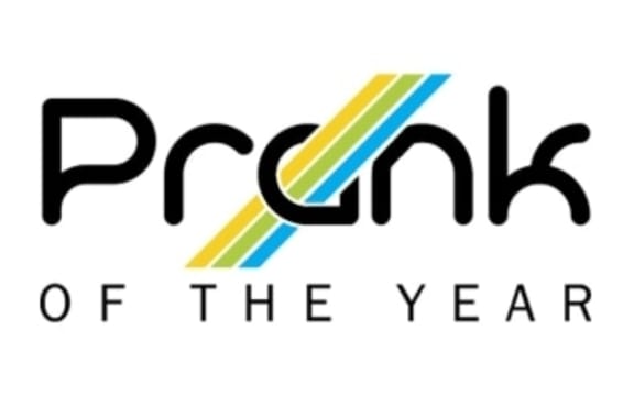 A logo for the Prank of the Year podcast, featuring the title in black text, with the colours of the logo for the Clear mobile company shining through the "A" in "PRANK".