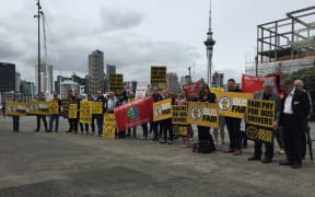 Rail and Train union delegates protest at Auckland Viaduct.