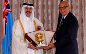 Qatar ambassador Naseer Bin Hamad Mubarak Al Khalifa and Fiji president Jioji Konusi Konrote.