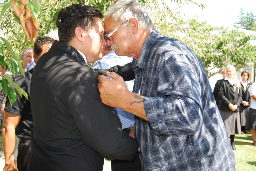 Rocky King, from Hauraki Plains College, welcomes Waati Ngamane, representing the Pare Hauraki iwi, at Hauraki Plains College in Ngatea on 10 February 2016.