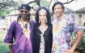 Moana Maniapoto with Cyril (left) and Charles Neville of the Neville Brothers, outside Tipitina's, New Orleans, April 1992.