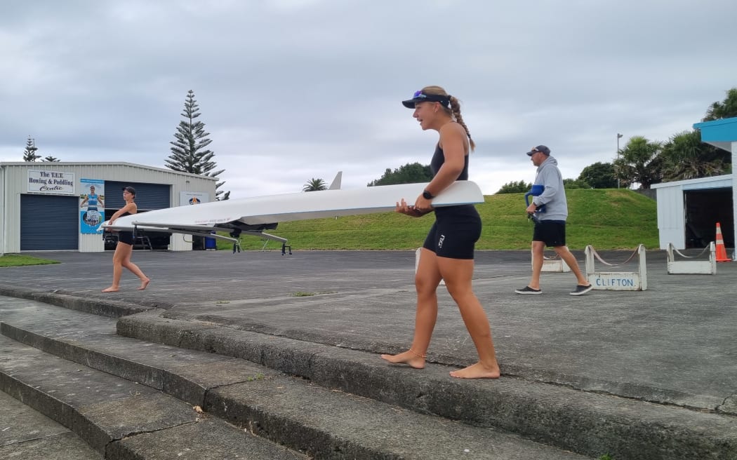 Crews get ready to take to the water at the Clifton Rowing Club in Waitara.