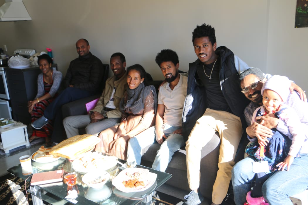 Eritrean refugees resettled in Christchurch. L-R. Kesete's wife, Nimrud, Kesete, Okub, Gidawn, Kesete's bro and Aki (holding Kesete's child).
