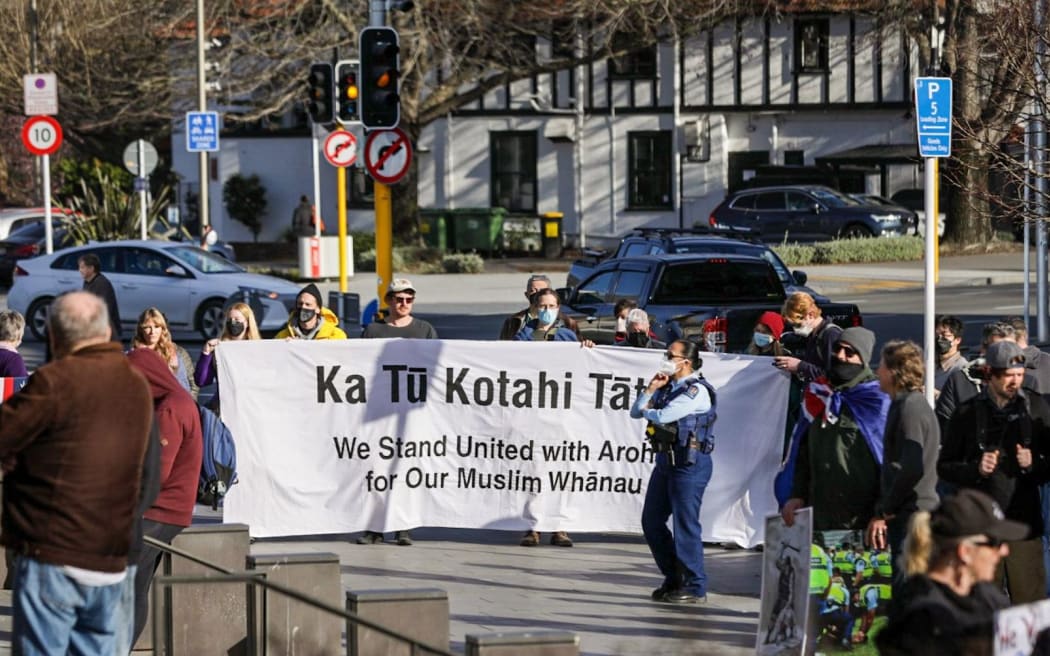 Anti-Facism Aotearoa protesters outside the Christchurch Courts building.