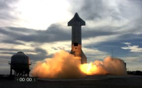The Starship SN10 prototype during the second attempted test flight of the day at SpaceX's South Texas test facility near Boca Chica Village in Brownsville, Texas, March 3, 2021.