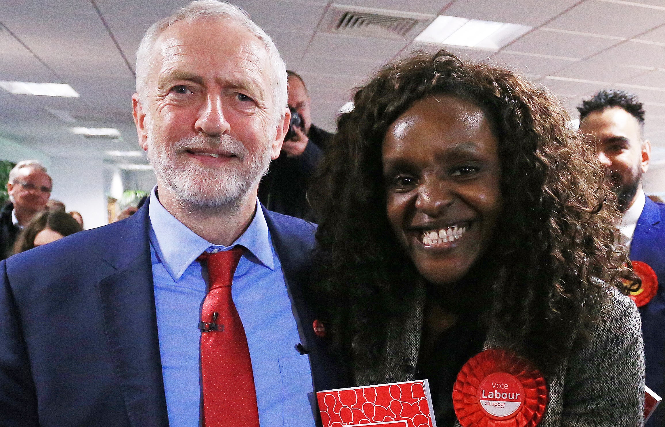 Leader of the Labour party Jeremy Corbyn poses for a photograph with Labour's Parliamentary Candidate for Peterborough, Fiona Onasanya (R) after making a speech, at Peterborough Football Club in Peterborough, central England on May 19, 2017.
