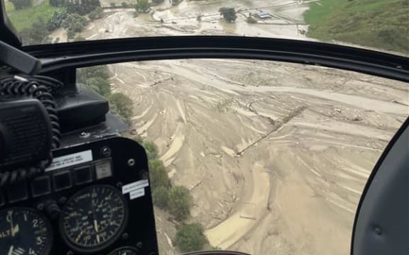 The Waipaoa River, near Gisborne, during Cyclone Gabrielle, 14/2/23