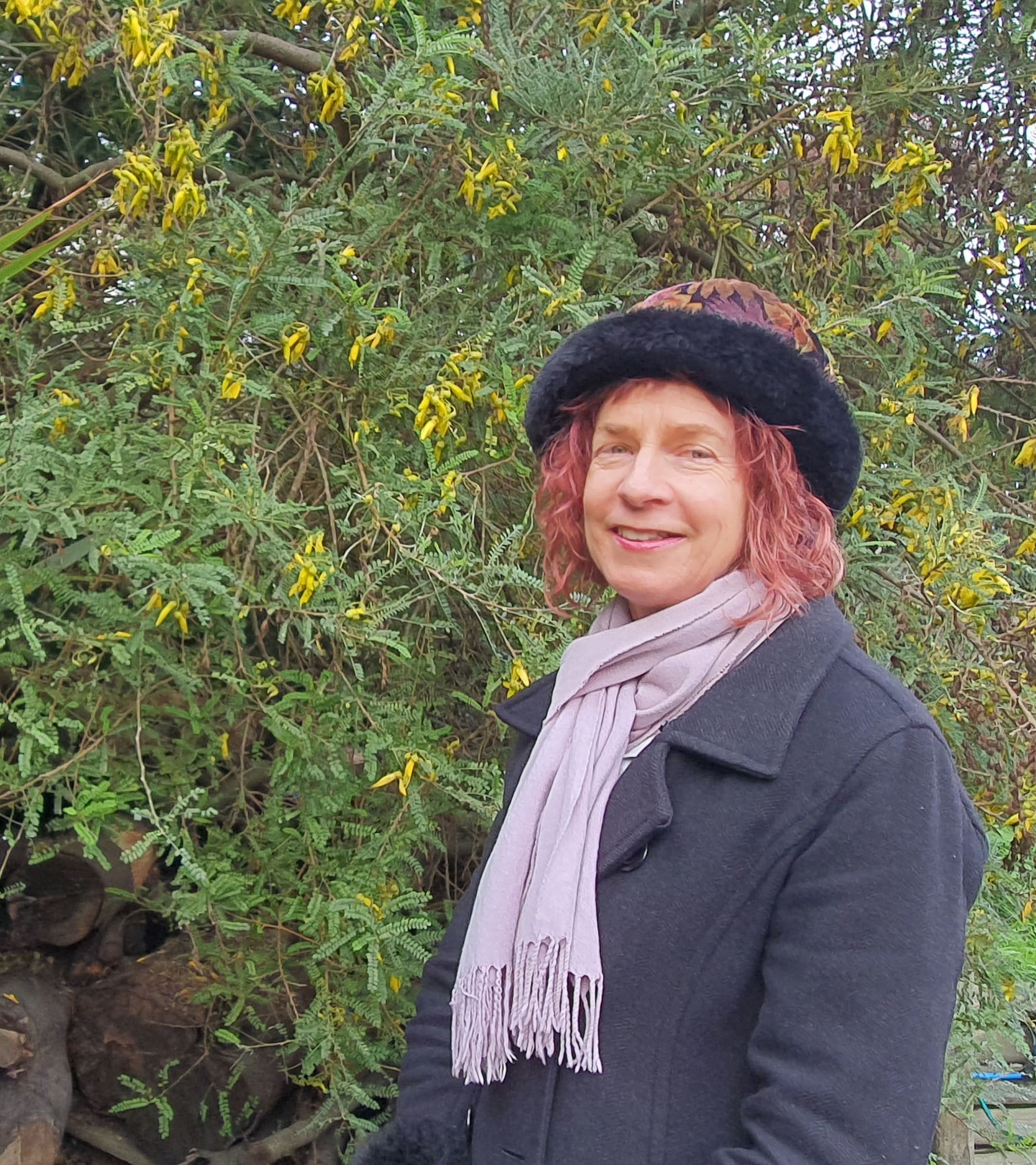 Fiona Carswell with her early flowering kowhai tree that attracts many bellbirds.
