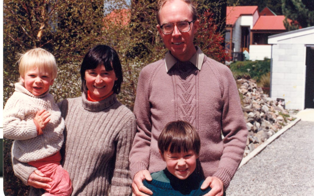 With their sons Ned (Edmond) aged about 6 years old and Chris, about 1, at the University house in Lake Tekapo Village in 1983