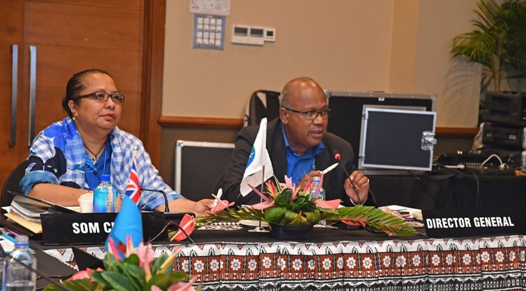 Melanesian Spearhead Group meeting chair Barbara Age, left, and MSG Director-General Amena Yauvoli.