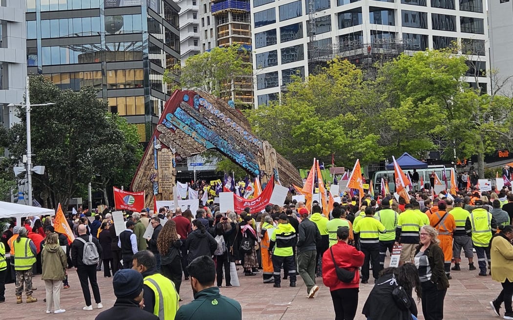 Protesters gather in Auckland's Aotea Square for a CTU protest on October 23.