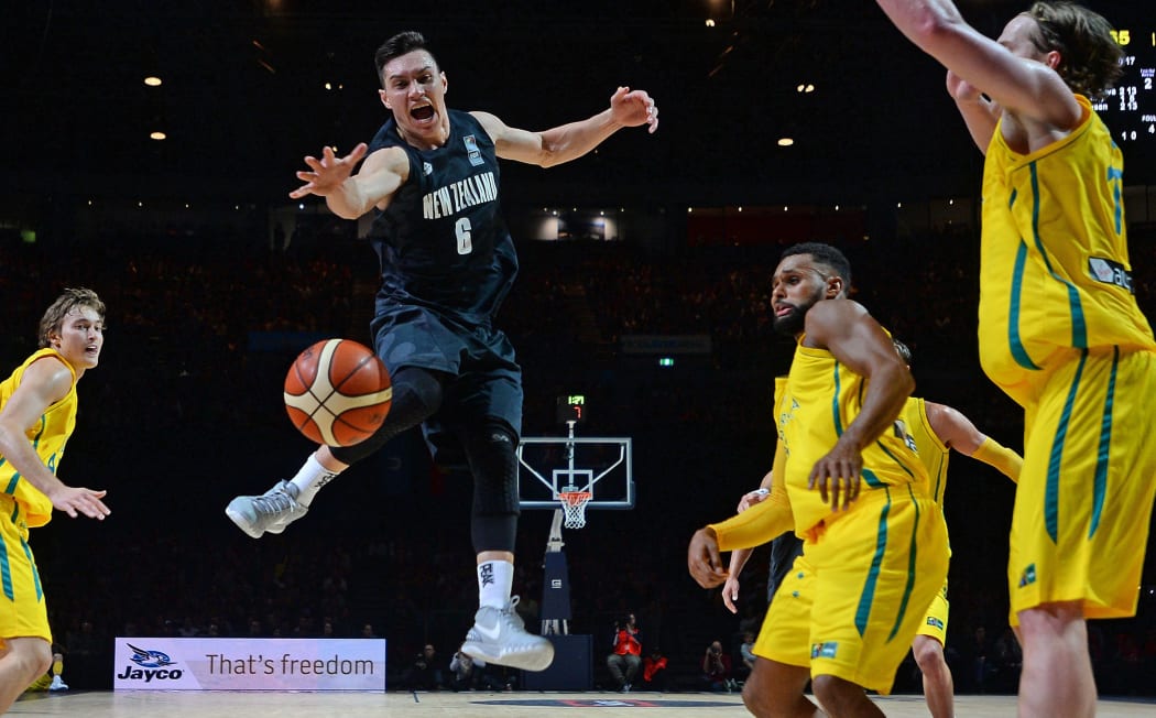 Tall Black Jarrod Kenny playing against Australia in the recent Olympic qualifying series.