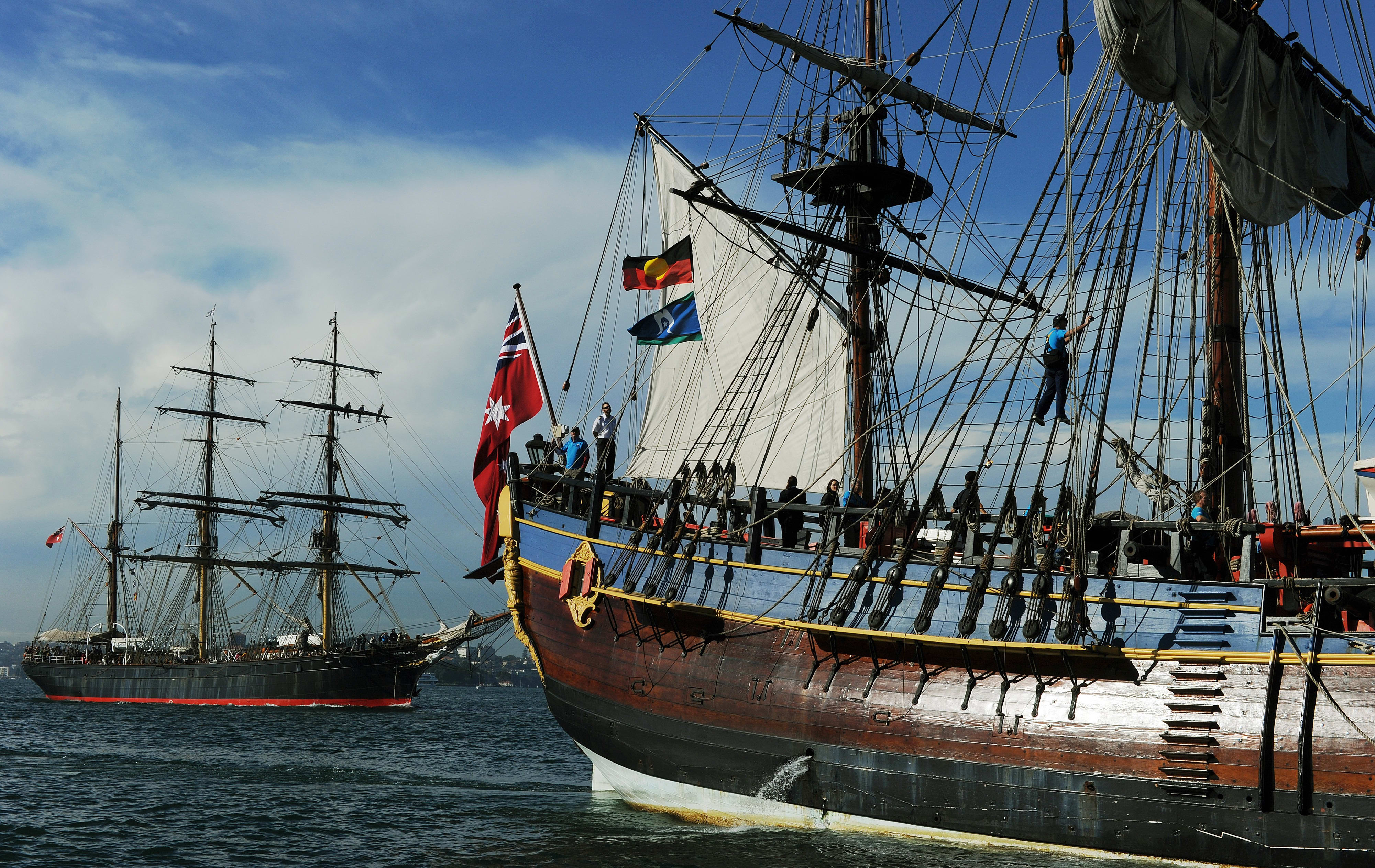 A replica of Captain Cook's ship the Endeavour at Sydney Harbour in 2012. The wooden vessel had just completed a 13-month 13,300 nautical mile circumnavigation of Australia.