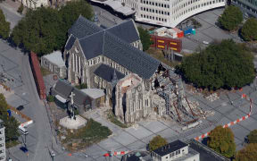An aerial view of the damaged Christ Church Cathedral.