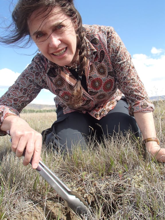 Jackie Spencer crouching above a rabbit burrow holding kitchen tongs