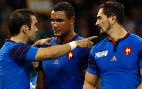 Thierry Dusautoir and Morgan Parra of France after the 2015 Rugby World Cup Pool D match between France and Ireland.