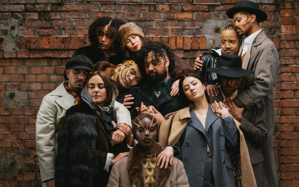 Tongan-Kiwi musician Noah Slee (centre) and his Berlin-based  collaborators on the 2022 album 'it takes a village'