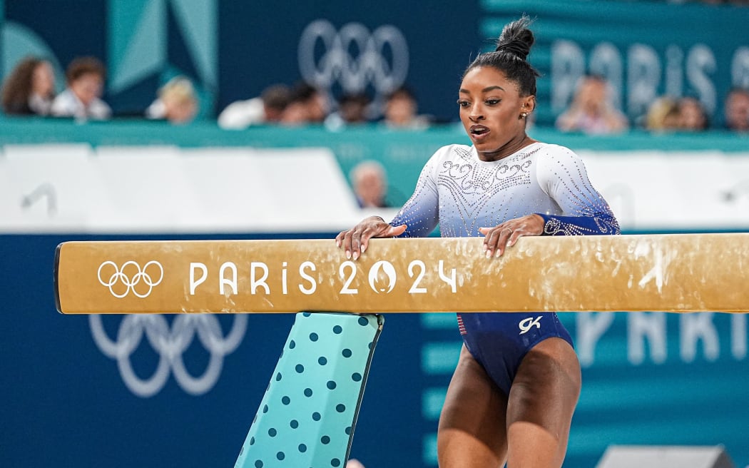 Simone Biles of United States, Artistic Gymnastics, Women's Balance Beam Final during the Olympic Games Paris 2024 on 5 August 2024 at Bercy Arena in Paris, France - Photo Andre Weening / Orange Pictures / DPPI Media (Photo by Andre Weening / Orange Pictures / DPPI via AFP)