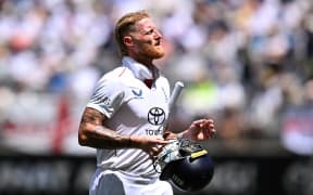 England captain Ben Stokes departs after his dismissal by Australian bowler Mitchell Starc for 6 runs during day one of the first Ashes Test between Australia and England at Perth Stadium, November 21, 2025. 
(AAP Image/Dave Hunt/ Photosport) NO ARCHIVING, EDITORIAL USE ONLY