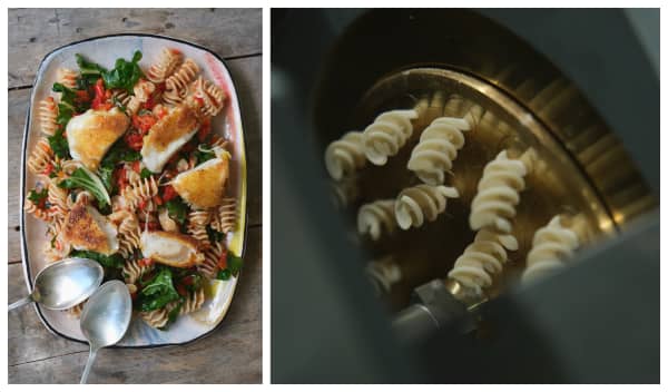 Two images - one of fusilli pasta cooked with tomatoes and spinach with crumbed fish on top, the other is of past being extruded through a bronze plate.