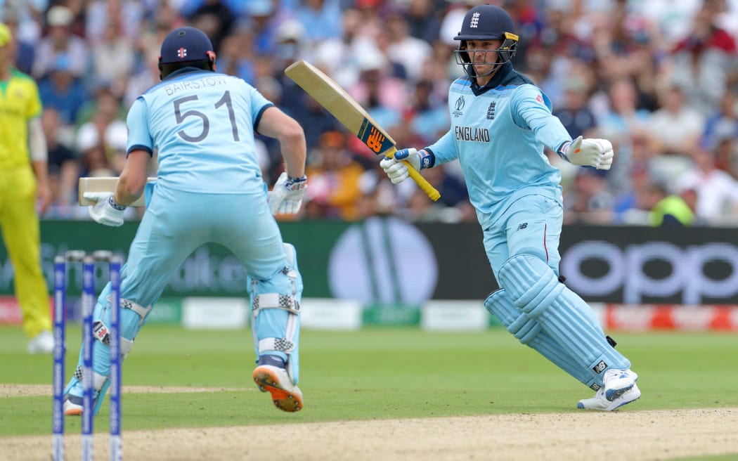 Jason Roy (right) and Jonny Bairstow avoid a collision during the Cricket World Cup 2019 semi-final between England and Australia at Edgbaston, Birmingham