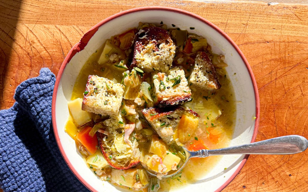 Sunday Roast Chicken Soup with Feta Schmear Toast