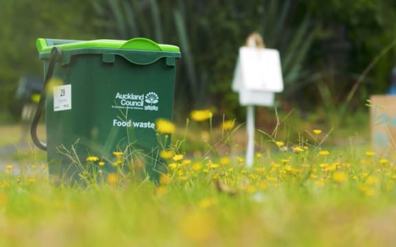 An Auckland Council food waste bin ready for pickup.