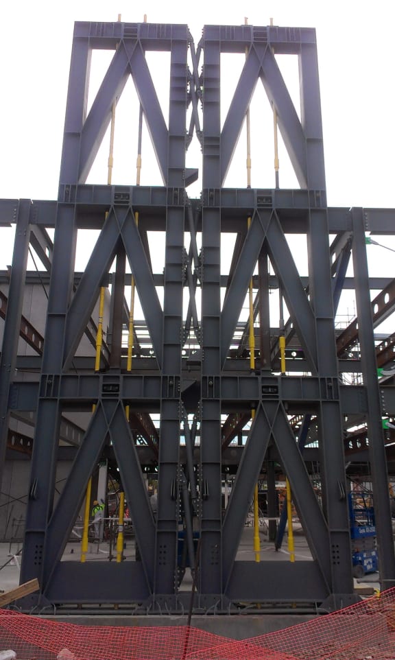 This building frame incorporates devices that allow a building to move during a strong earthquake.