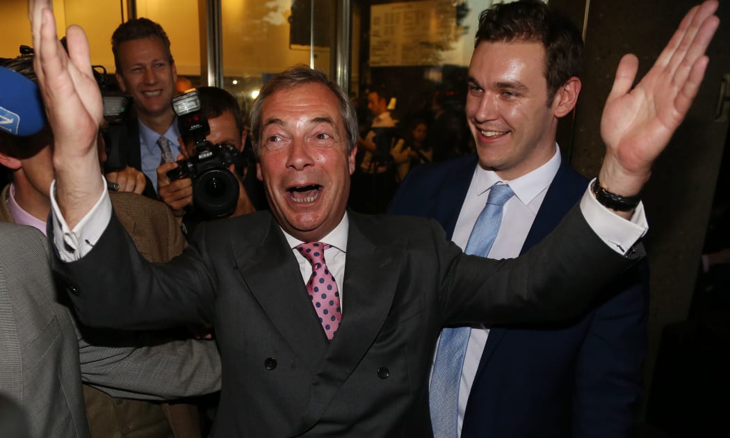 Leader of the United Kingdom Independence Party (UKIP), Nigel Farage reacts outside the Leave.EU referendum party at Millbank Tower in central London on June 24, 2016, as results indicate that it looks likely the UK will leave the European Union (EU).