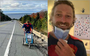 Image of Jon Nabbs running in Canada, and close up photo of him in children's hospital ward.