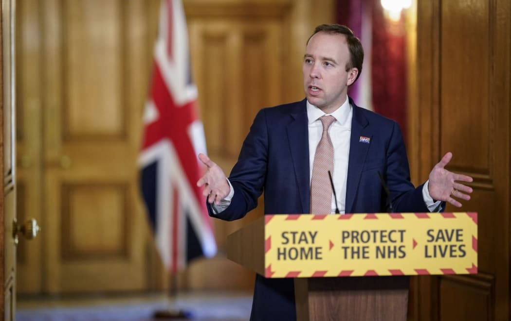 A handout image released by 10 Downing Street, shows Britain's Health Secretary Matt Hancock attending a remote press conference to update the nation on the COVID-19 pandemic, inside 10 Downing Street in central London on April 21, 2020.