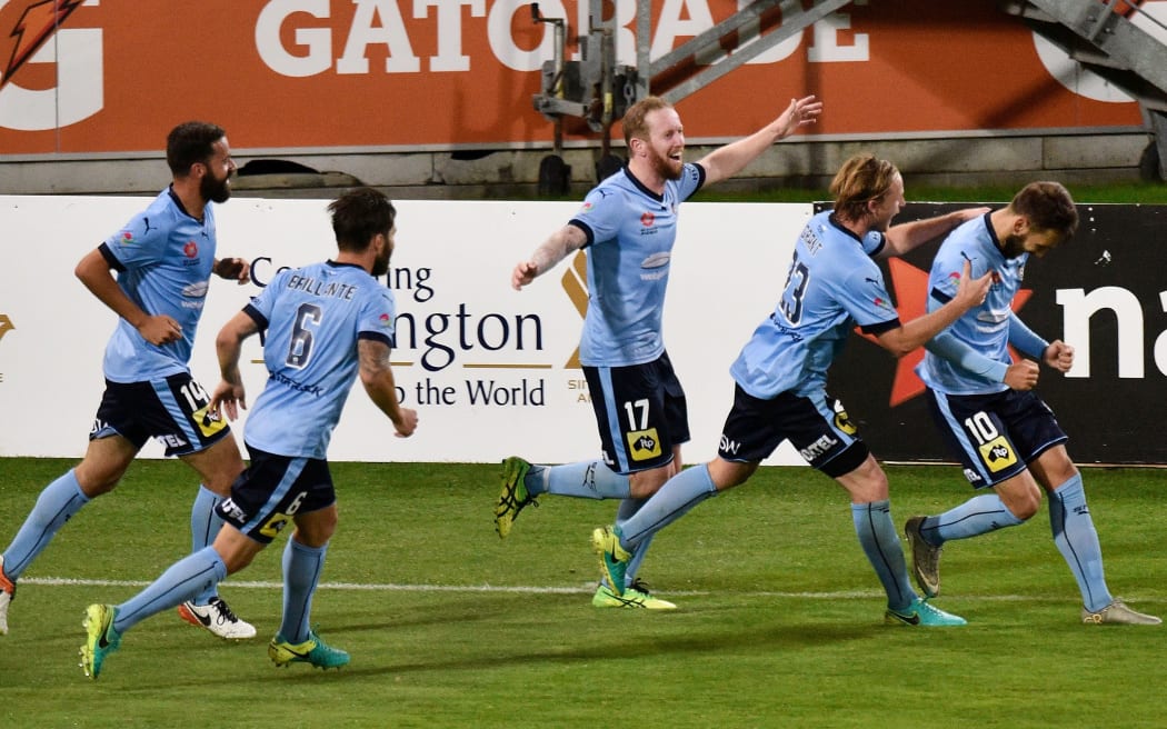 Sydney celebrate their goal during the A-League - Phoenix v Sydney FC football match at Westpac Stadium in Wellington on Sunday the 23rd October 2016.