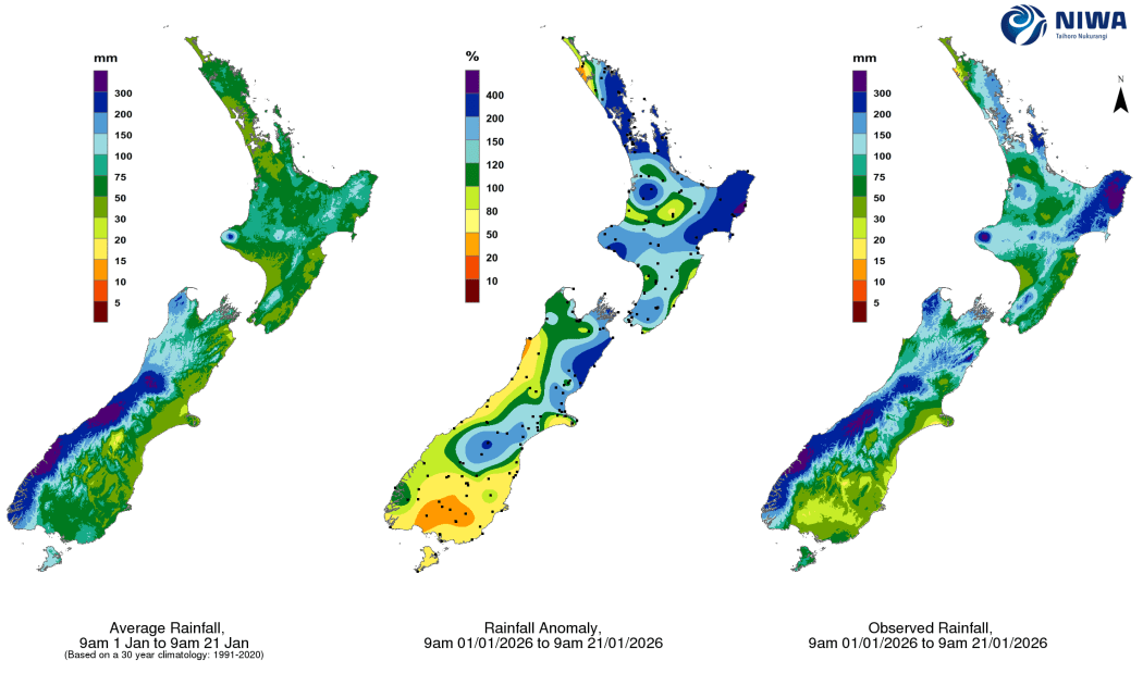 Maps of New Zealand using a colour scale to indicate how much rain has fallen so far in January 2026, compared to normal.