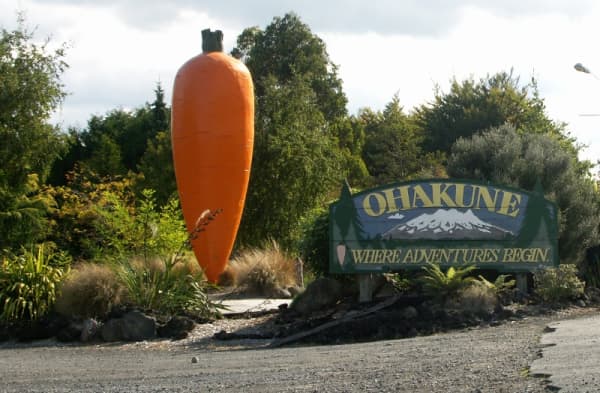 The big carrot sculpture stands near a sign for Ohakune in Ruapehu District.